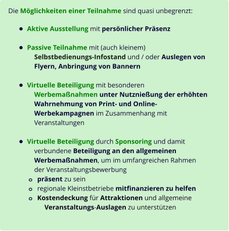 Die Möglichkeiten einer Teilnahme sind quasi unbegrenzt:  •	Aktive Ausstellung mit persönlicher Präsenz •	Passive Teilnahme mit (auch kleinem) 	Selbstbedienungs-Infostand und / oder Auslegen von 	Flyern, Anbringung von Bannern •	Virtuelle Beteiligung mit besonderen	Werbemaßnahmen unter Nutznießung der erhöhten 	Wahrnehmung von Print- und Online- 	Werbekampagnen im Zusammenhang mit 	Veranstaltungen •	Virtuelle Beteiligung durch Sponsoring und damit 	verbundene Beteiligung an den allgemeinen 	Werbemaßnahmen, um im umfangreichen Rahmen 	der Veranstaltungsbewerbung o	präsent zu sein o	regionale Kleinstbetriebe mitfinanzieren zu helfen  o	Kostendeckung für Attraktionen und allgemeine 	Veranstaltungs-Auslagen zu unterstützen