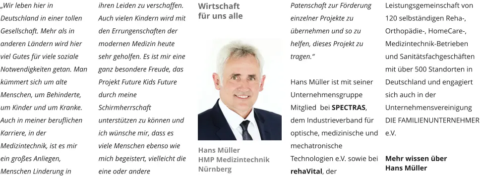 „Wir leben hier in Deutschland in einer tollen Gesellschaft. Mehr als in anderen Ländern wird hier viel Gutes für viele soziale Notwendigkeiten getan. Man kümmert sich um alte Menschen, um Behinderte, um Kinder und um Kranke. Auch in meiner beruflichen Karriere, in der Medizintechnik, ist es mir ein großes Anliegen, Menschen Linderung in ihren Leiden zu verschaffen. Auch vielen Kindern wird mit den Errungenschaften der modernen Medizin heute sehr geholfen. Es ist mir eine ganz besondere Freude, das Projekt Future Kids Future durch meine Schirmherrschaft unterstützen zu können und ich wünsche mir, dass es viele Menschen ebenso wie mich begeistert, vielleicht die eine oder andere Patenschaft zur Förderung einzelner Projekte zu übernehmen und so zu helfen, dieses Projekt zu tragen.“   Hans Müller ist mit seiner Unternehmensgruppe Mitglied  bei SPECTRAS, dem Industrieverband für optische, medizinische und mechatronische Technologien e.V. sowie bei rehaVital, der Leistungsgemeinschaft von 120 selbständigen Reha-, Orthopädie-, HomeCare-, Medizintechnik-Betrieben und Sanitätsfachgeschäften mit über 500 Standorten in Deutschland und engagiert sich auch in der Unternehmensvereinigung DIE FAMILIENUNTERNEHMER e.V.  Mehr wissen über Hans Müller  Wirtschaft für uns alle Hans Müller HMP Medizintechnik Nürnberg