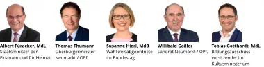 Willibald Gailler Landrat Neumarkt / OPf. Susanne Hierl, MdB Wahlkreisabgeordnete im Bundestag Thomas Thumann Oberbürgermeister Neumarkt / OPf. Albert Füracker, MdL Staatsminister der   Finanzen und für Heimat Tobias Gotthardt, MdL Bildungsausschuss-vorsitzender im Kultusministerium